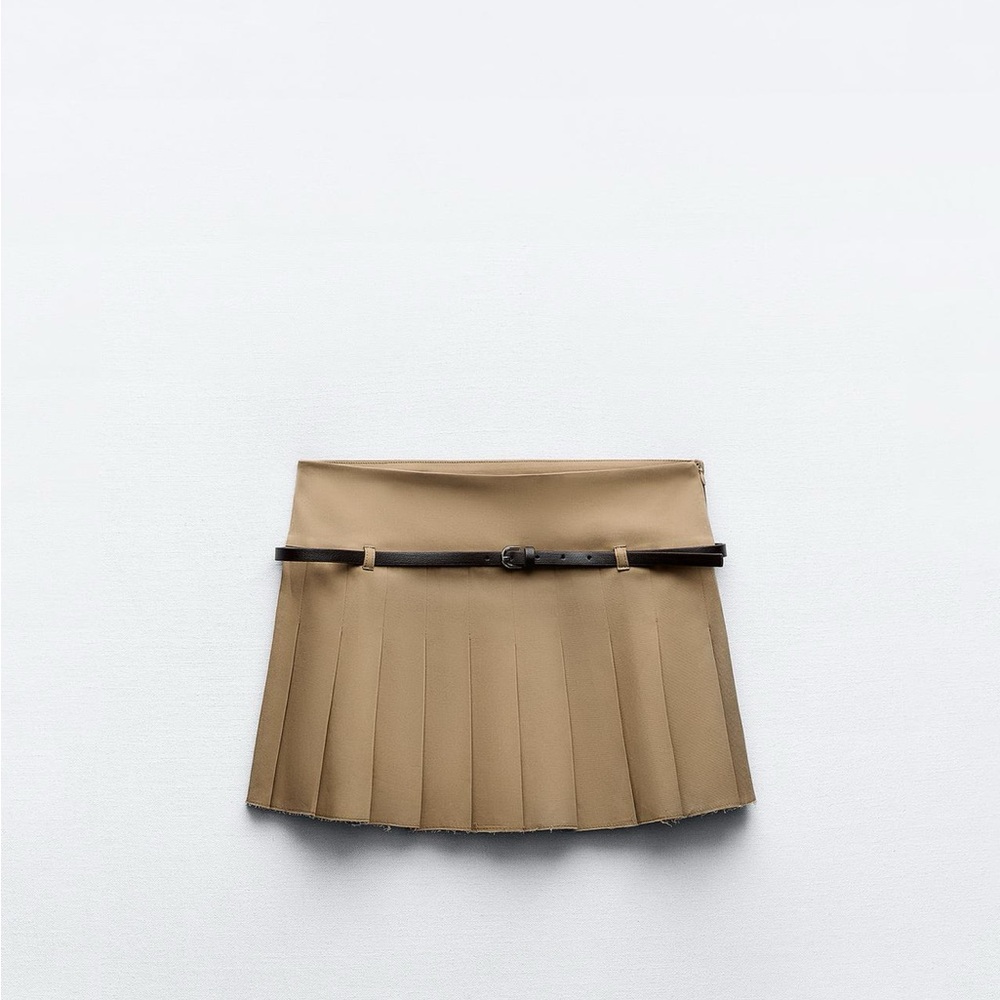 Zara Tan Pleated Skater Mini Skirt
